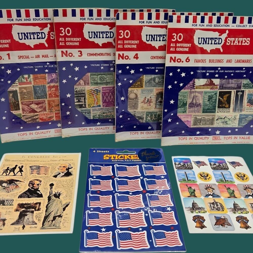 Vintage US Stamp Starter Collection Hirschhorn Bundle with Patriotic Stickers